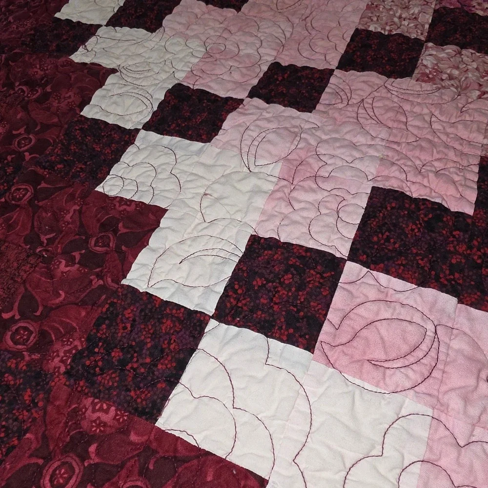 Handmade Patchwork Quilt Burgundy Pink Magenta Diagonal Pattern 68x55 Graduation